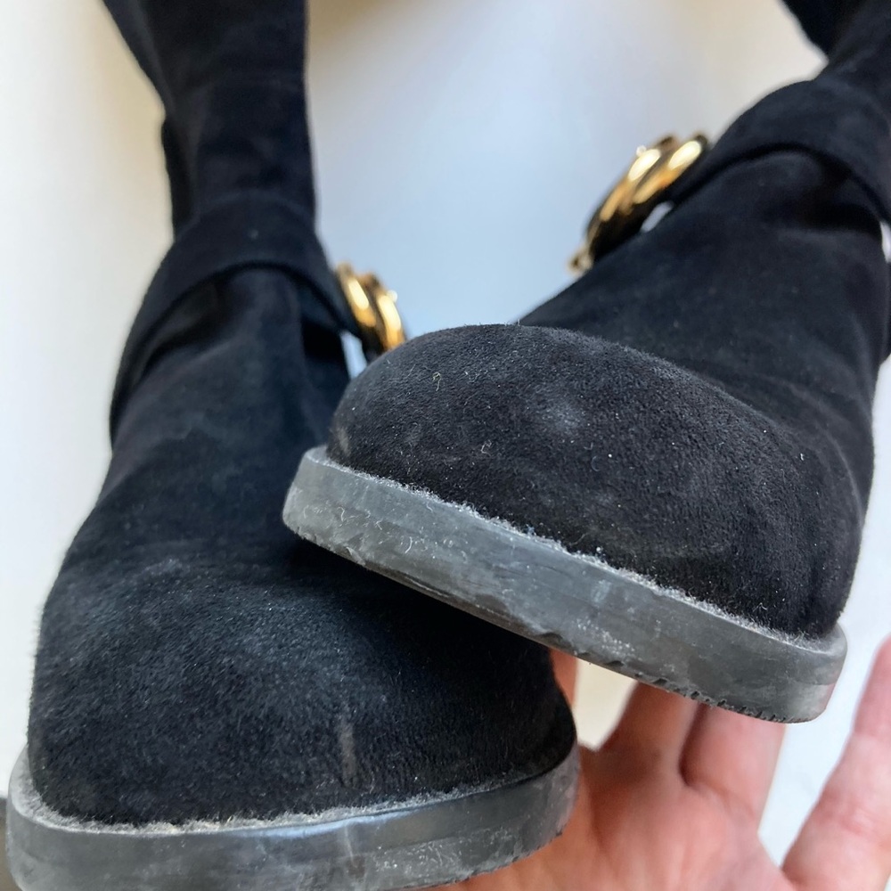 Stuart Weitzman Black Over-the-Knee Suede Boots with Gold Accent - Picture 11 of 16